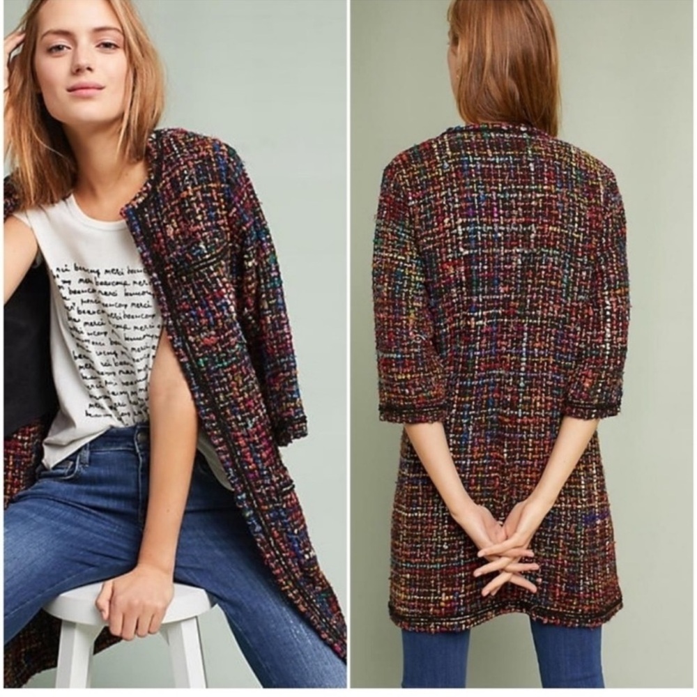 Anthropologie Ett:Twa Tweed Longline Multicolored jacket size L